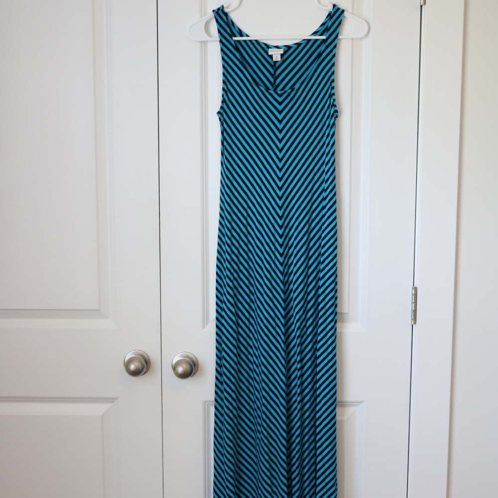 Teal Blue With Black Chevron Striped Maxi Dress